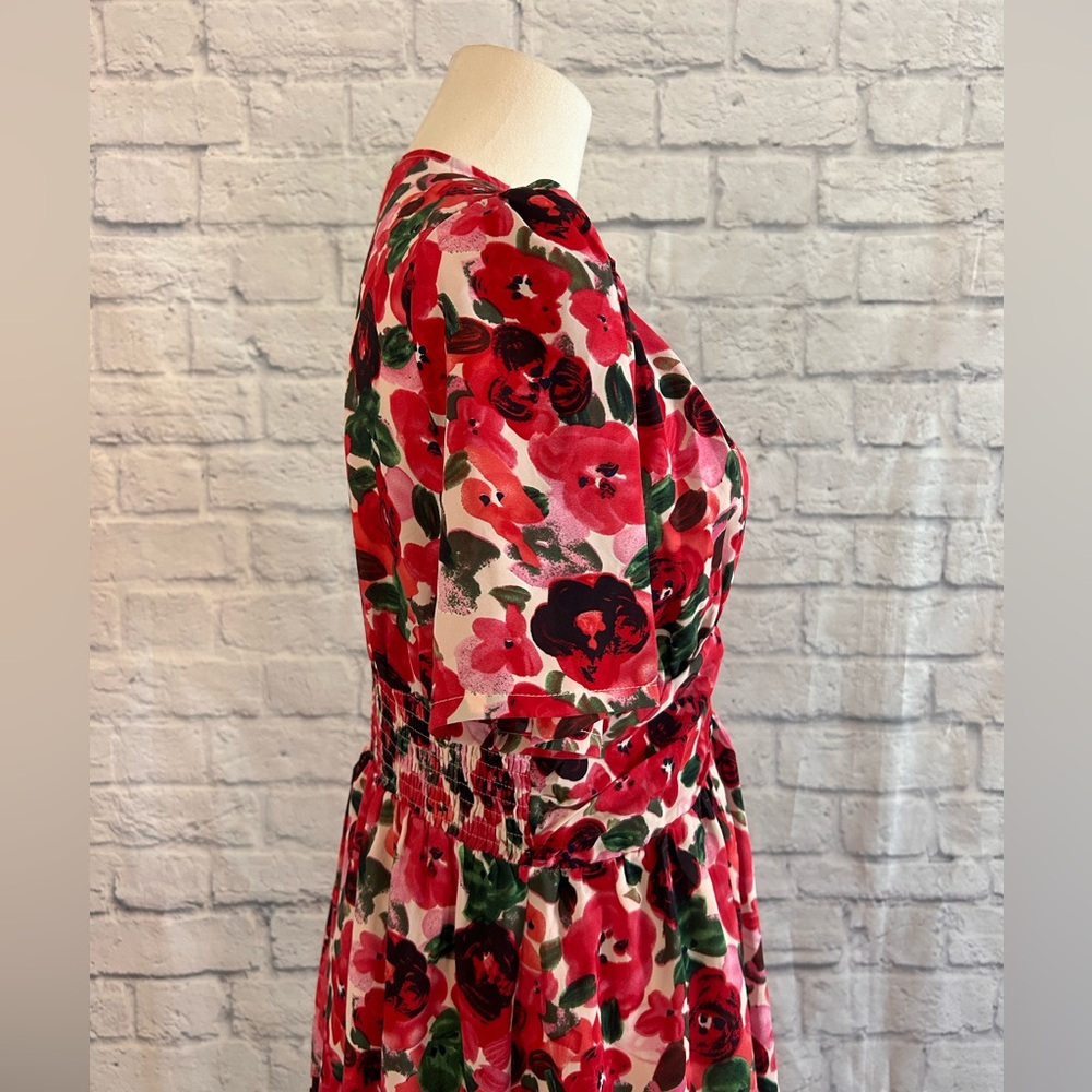 Romantic Floral Mini Dress Red & Pink Roses Empire Waist Low Cut Deep V-Neck - Picture 10 of 15